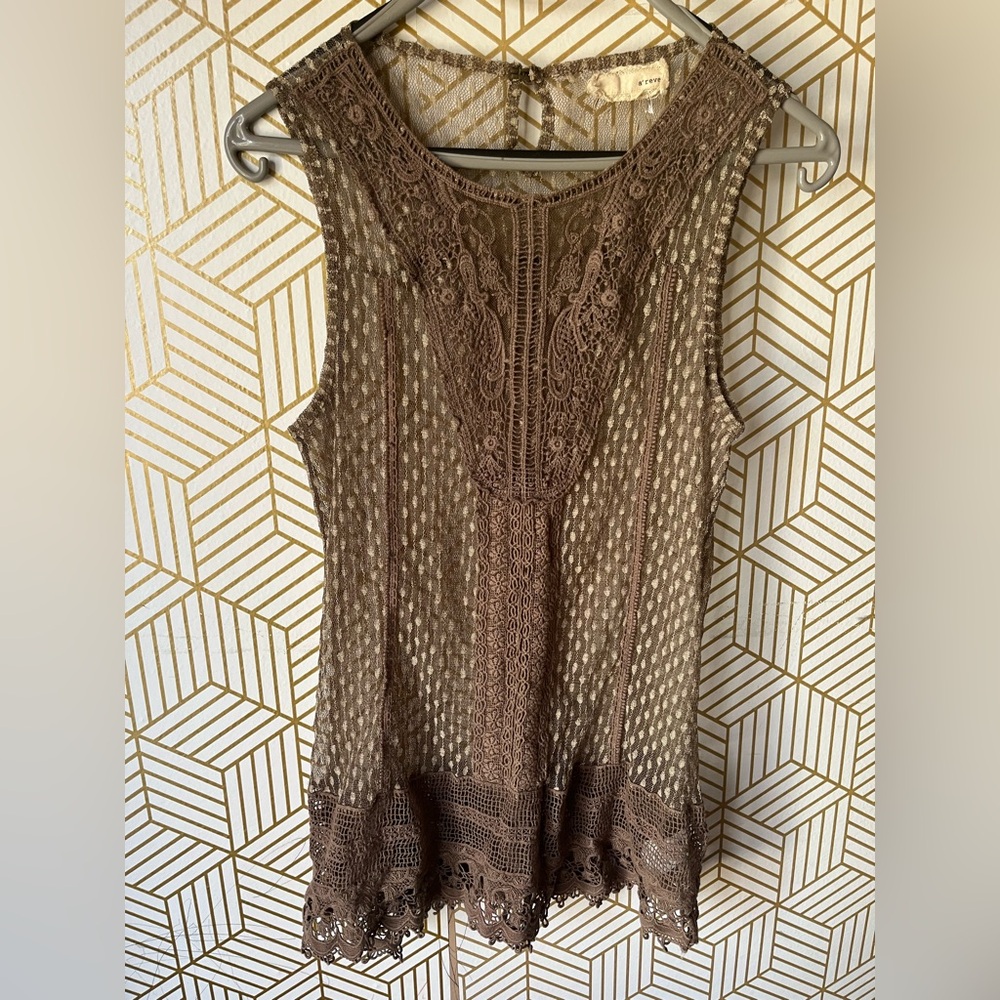 A'Reve Beaded Sheer Lace Tank - Taupe size L